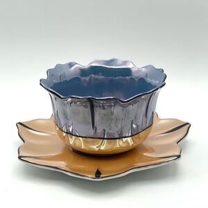 Vintage Gold Castle Iridescent Lusterware Blue Orange Soup Bowl Cup & Saucer